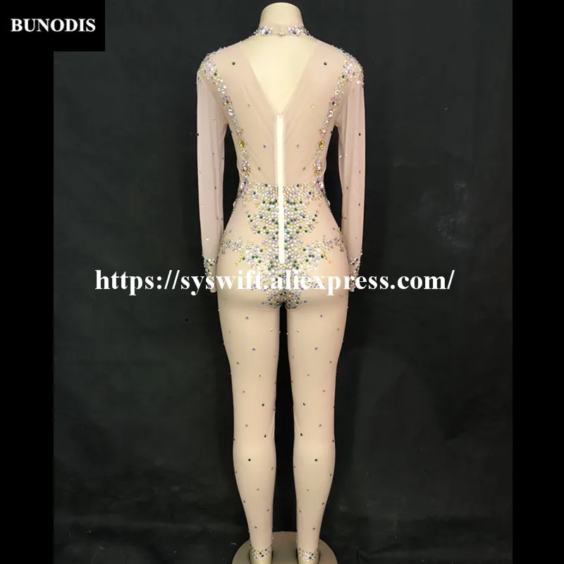 BU36601 Net Yarn Women Sexy Jumpsuit Blazing With Colour Sparkling Crystals Bodysuit Nightclub Party Stage Wear Bling Costumes | Женская