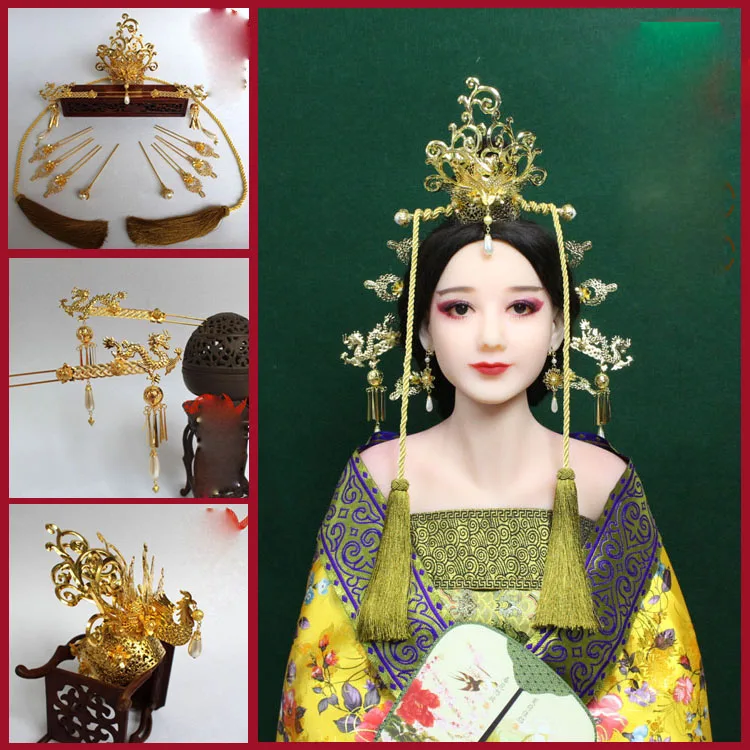 A199 Thread Tassel Hair Accessory Set Dragon Phoenix Vintage Sticks Tang Dynasty Princess Tiara Crown Piece |