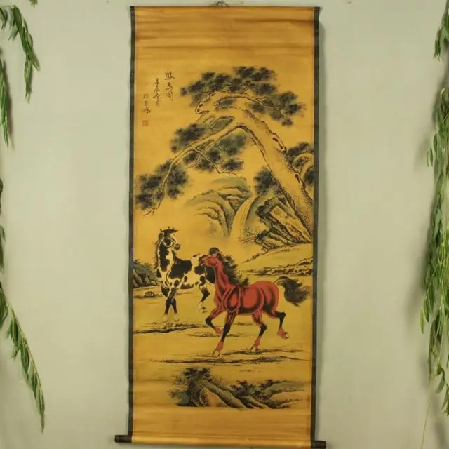 

China Antique collection Boutique Calligraphy and painting Double Horse diagram