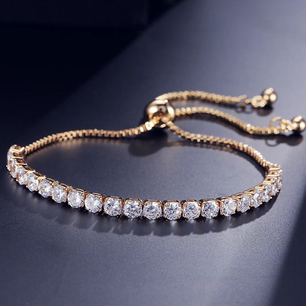 Hibride Jewelry New Design AAA Cubic Zircon Tennis Bracelets, Gold-Color Adjustable Chain Women Bangles