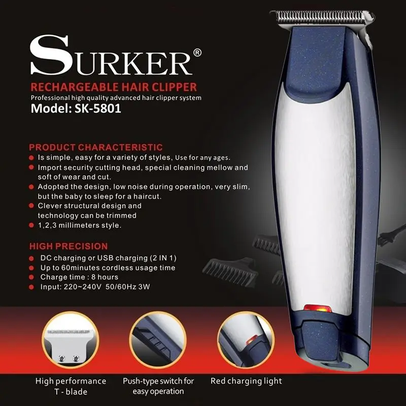 SURKER USB и AC Зарядка адаптер машинка для стрижки волос профессиональная