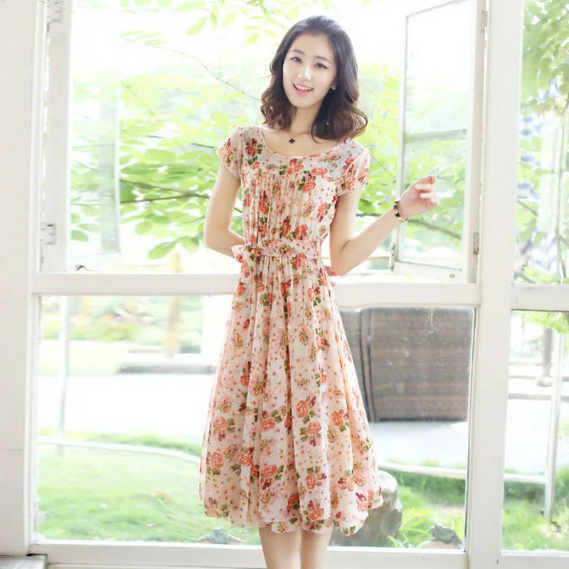 2017 модное тонкое шифоновое женское платье с принтом коротким рукавом и круглым