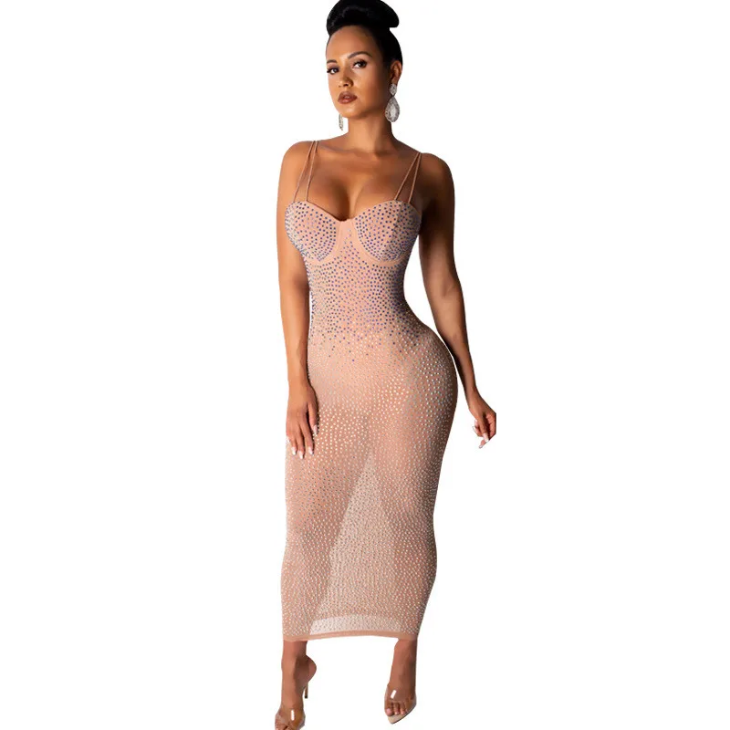 Сексуальные сетчатые прозрачные стразы вечерние блестящие платья женское