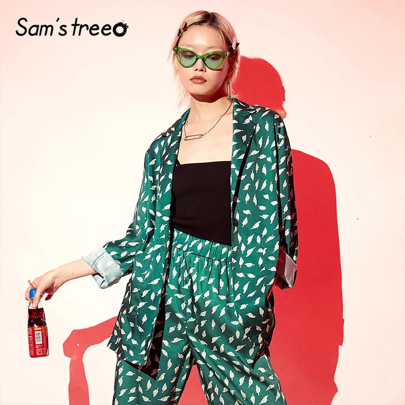 Samstree, зеленое перо, с принтом, городское цыганское пальто для женщин, осень, с карманами, оригинальное, элегантное, бохо, повседневное, для офиса, женская верхняя одежда