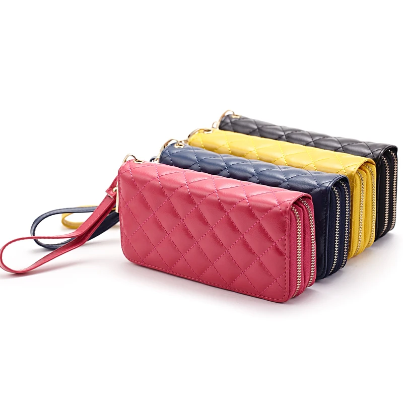 

Lomelobo summer dual zipper woman coin Purses long design Split leather Ladies wallets Diamond Lattice female clutch bag HPL8343
