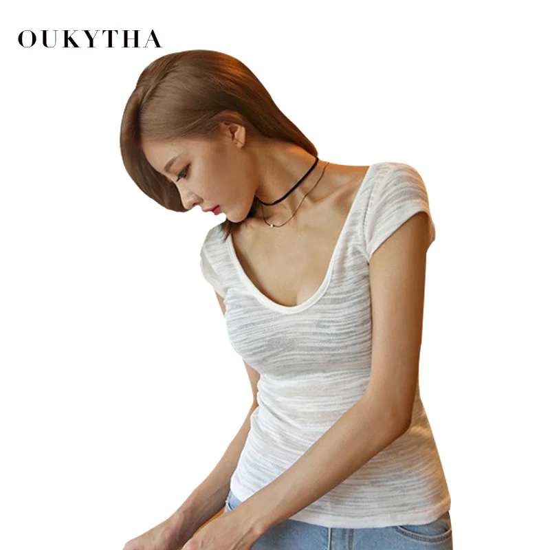 Женская летняя футболка Oukytha с коротким рукавом новинка 2018 низким воротником без