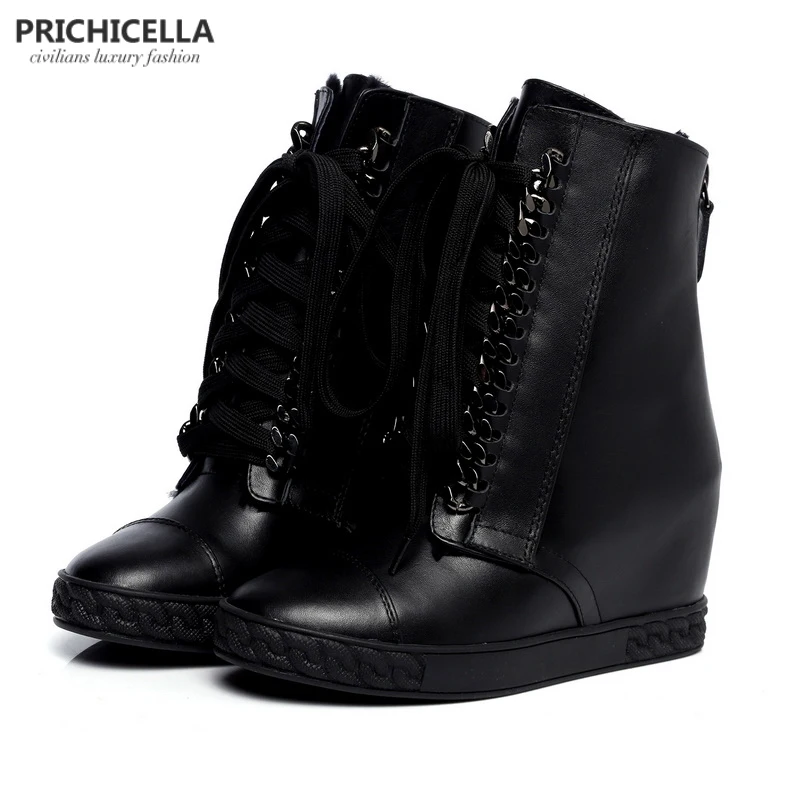 PRICHICELLA/Серебристые Ботильоны на танкетке со шнуровкой; зимние женские ботинки из натуральной кожи