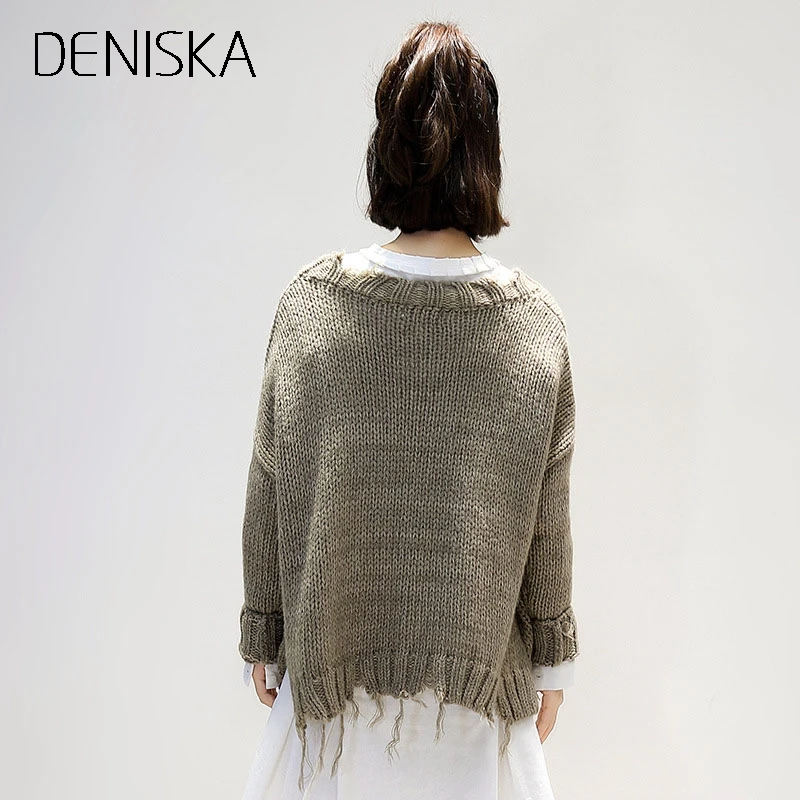 DENISKA 2018 Women Autumn Winter Knitted Distressed Sweaters Holes Ripped O Neck Loose Female Short Pullovers Femme Kni | Женская одежда