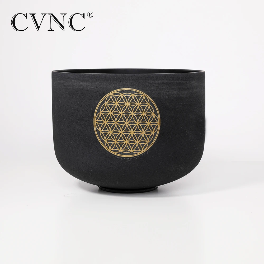 CVNC 8 Inch Flower of Life Black Colored Chakra Quartz Crystal Singing Bowl C Note for Relief with Free Rubber Mallet and O-ring enlarge