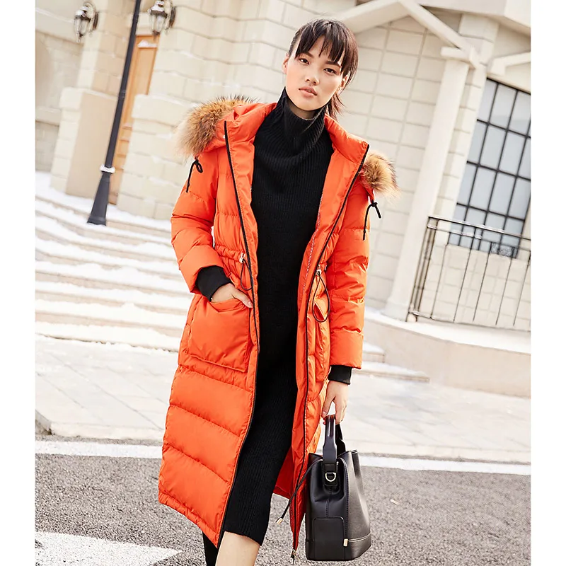orange down coat Amii 90% белый утиный пух пальто для женщин зима Повседневный натуральный мех воротник толстый Водонепроницаемый размера плюс с капюшоном Длинные пуховики - Цвет: orange down coat