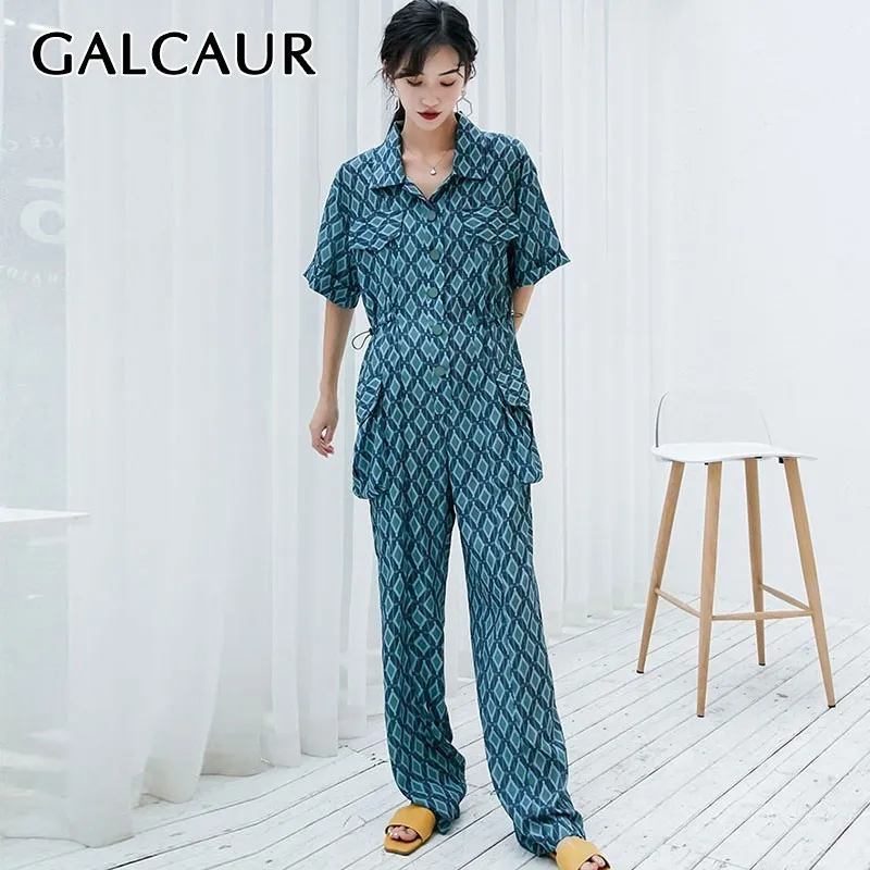Женский клетчатый комбинезон GALCAUR шифоновый с отложным воротником и коротким