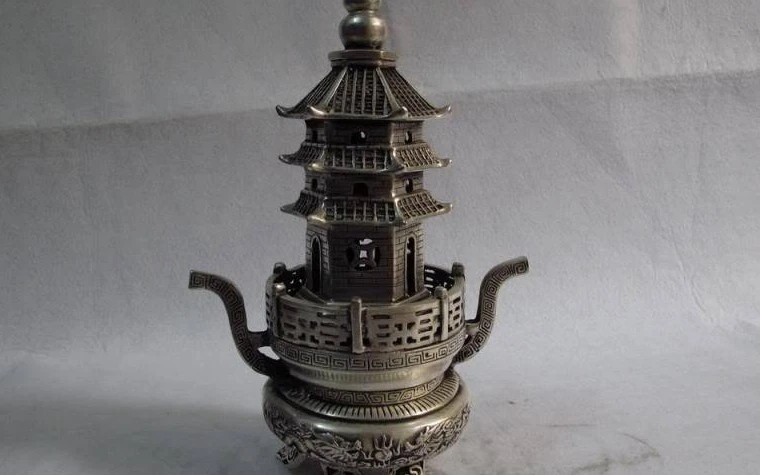 

China white Copper silver 2 Dragon play bead Tower pagoda censer incense burner