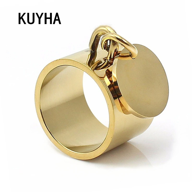 Engraving big wide Gold Color Plain Band Midi customizing brand finger rings with round metal charm tag customized bague|finger ring|wide ringring