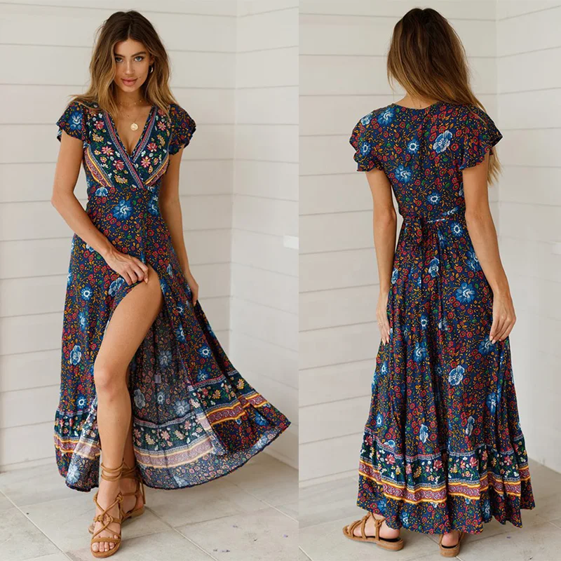 Nadafair Boho цветочное женское Макси платье с v-образным вырезом Сплит пляжное сексуальное длинное платье с поясом элегантные вечерние летние платья vestidos robe Femme