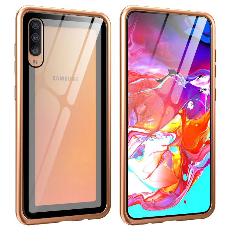 Роскошный металлический бампер для samsung Galaxy A70 чехол алюминиевая рамка с закаленным стеклом задняя крышка чехол для samsung Galaxy A70 чехол - Цвет: Gold