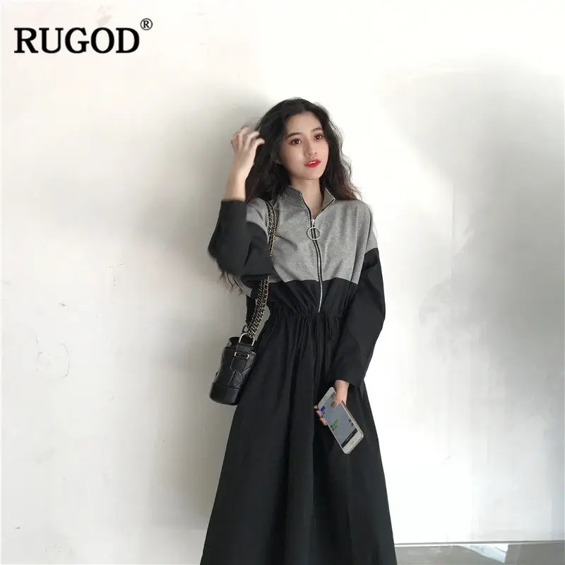 RUGOD осеннее платье женское миди однотонное со стоячим воротником 2019 модная