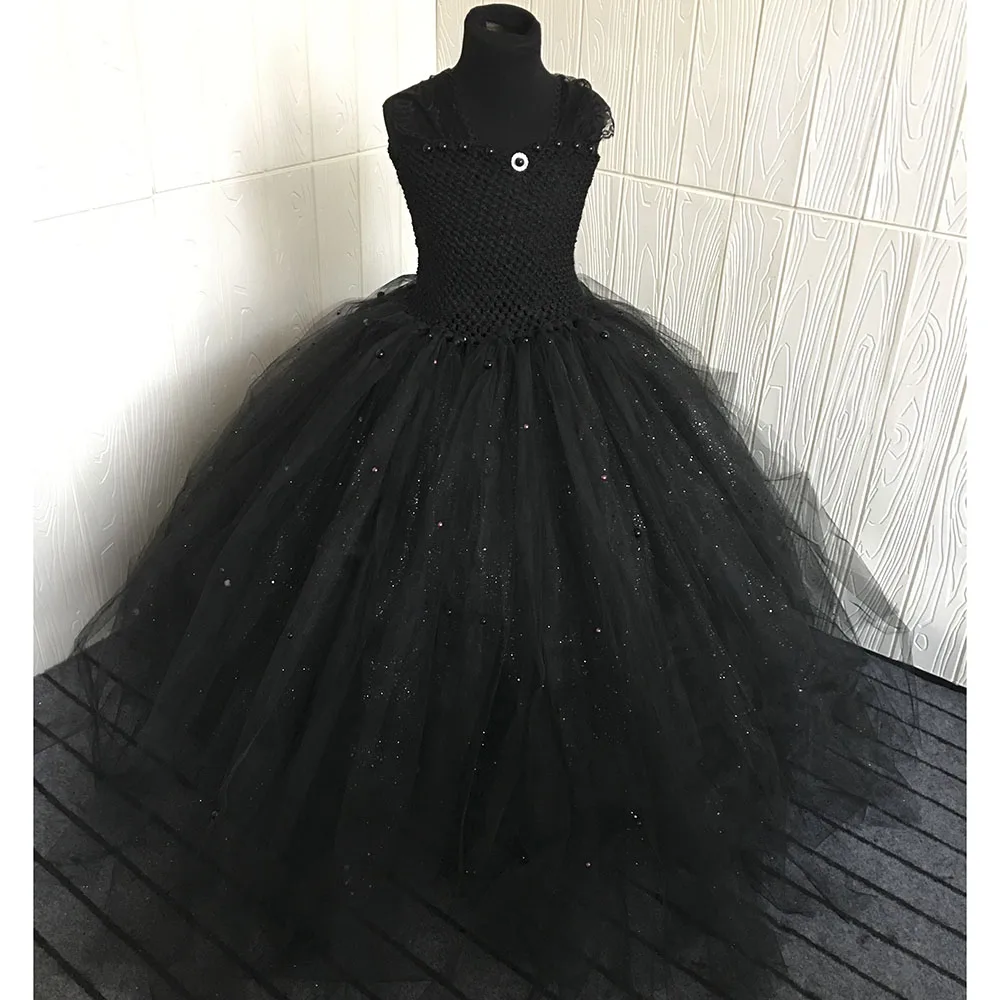 Black V-neck Fluffy Girl Tutu Dress Princess Elegant Baby Birthday Evening Party Tulle Dresses with Pearls For Photos | Детская одежда
