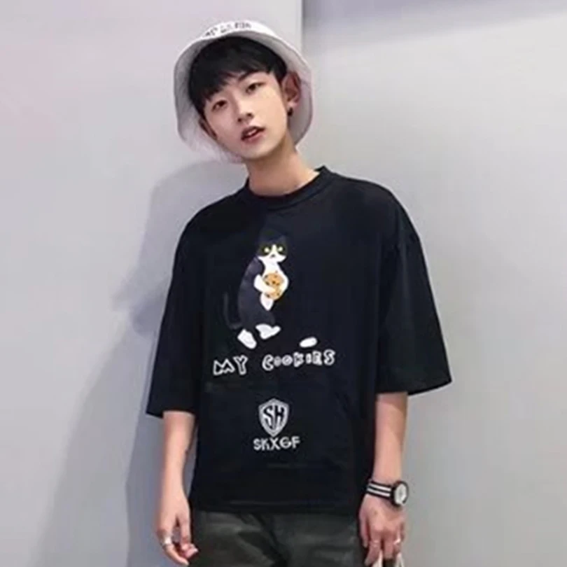 

Yaffa Tamin Cat Cotton T-Shirt 2018 New Cartoon Men Summer Tees O-Neck My Cookies Three Quarter Sleeves Casual Men's Tops