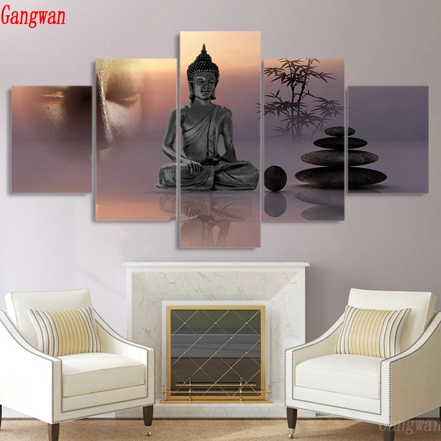 Full Square Round Diamond Embroidery 5 Panel Zen Buddha Statue 3D picture diamond painting Cross Stitch mosaic home decoration | Дом и сад
