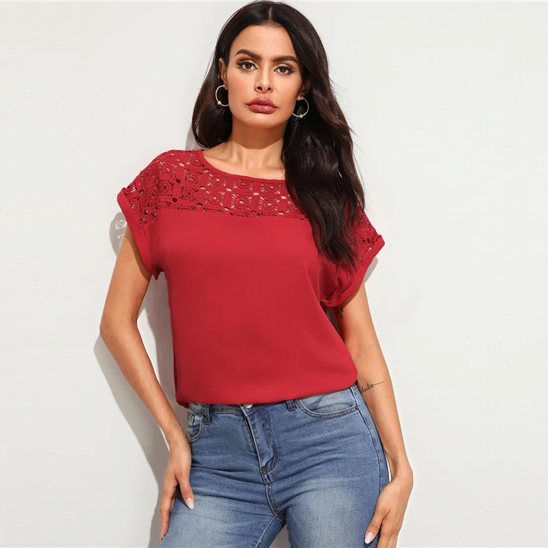 SHEIN белая гипюровая кружевная хомут с закатывающимися рукавами туника топ открытая блузка женская летняя элегантная Офисная Женская рабочая одежда Топ Блузки