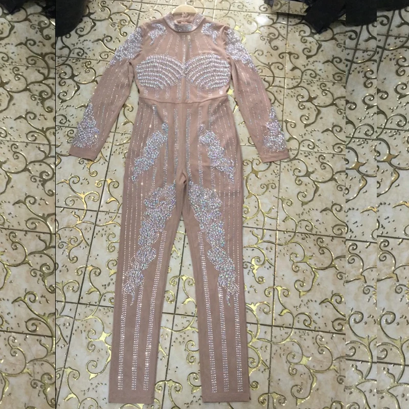Женский комбинезон с бисером элегантный облегающий вечерний синего и бежевого