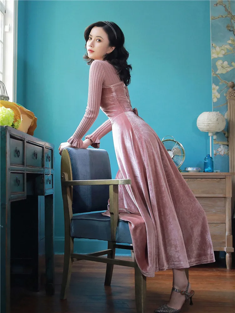 2018 new fashion women's dresses autumn and winter vintage velvet suspender dress+sweater two-piece dress | Женская одежда