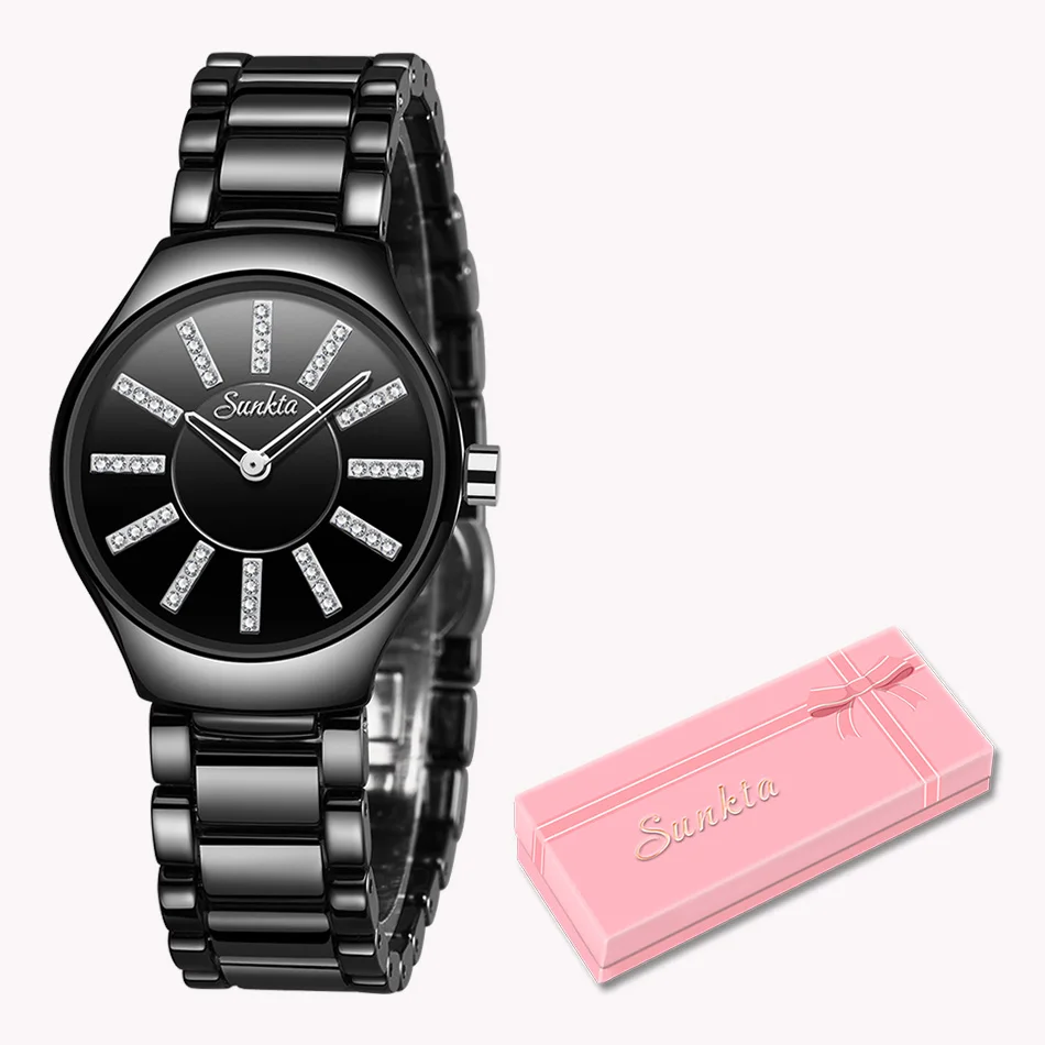 Black silver SUNKTA Топ Роскошные часы женские креативные женские часы с керамическим браслетом женские часы Relogio Feminino Montre Femme - Цвет: Black silver