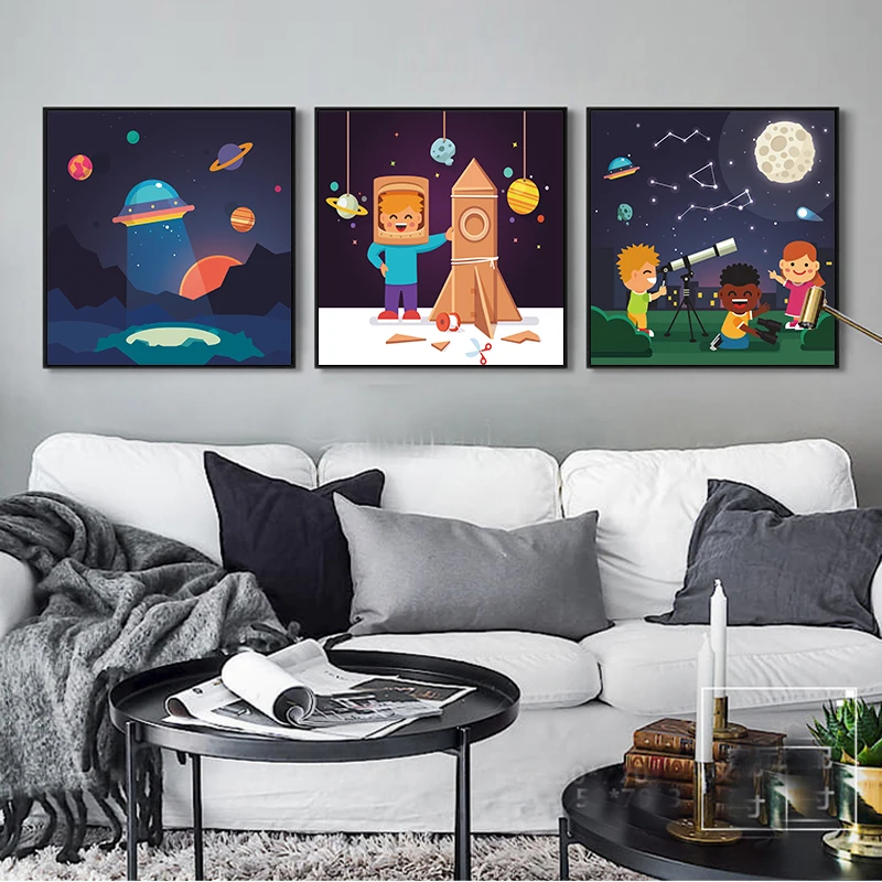 Мультяшная Милая темнота ракета корабль исследует космическое Искусство Холст