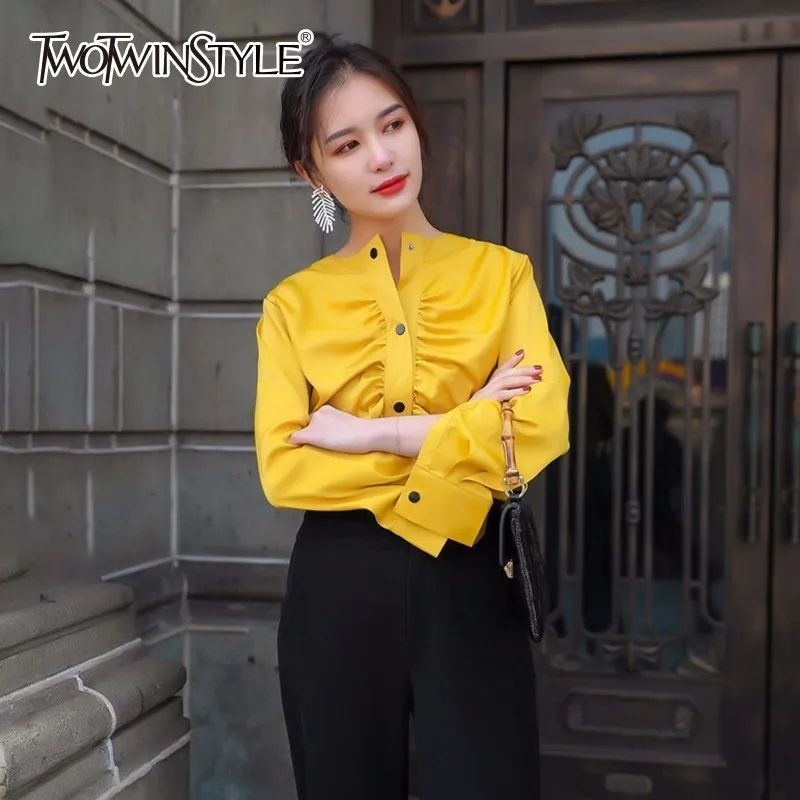 TWOTWINSTYLE Ruched рубашка Топ для Для женщин Однобортный желтого цвета с длинными