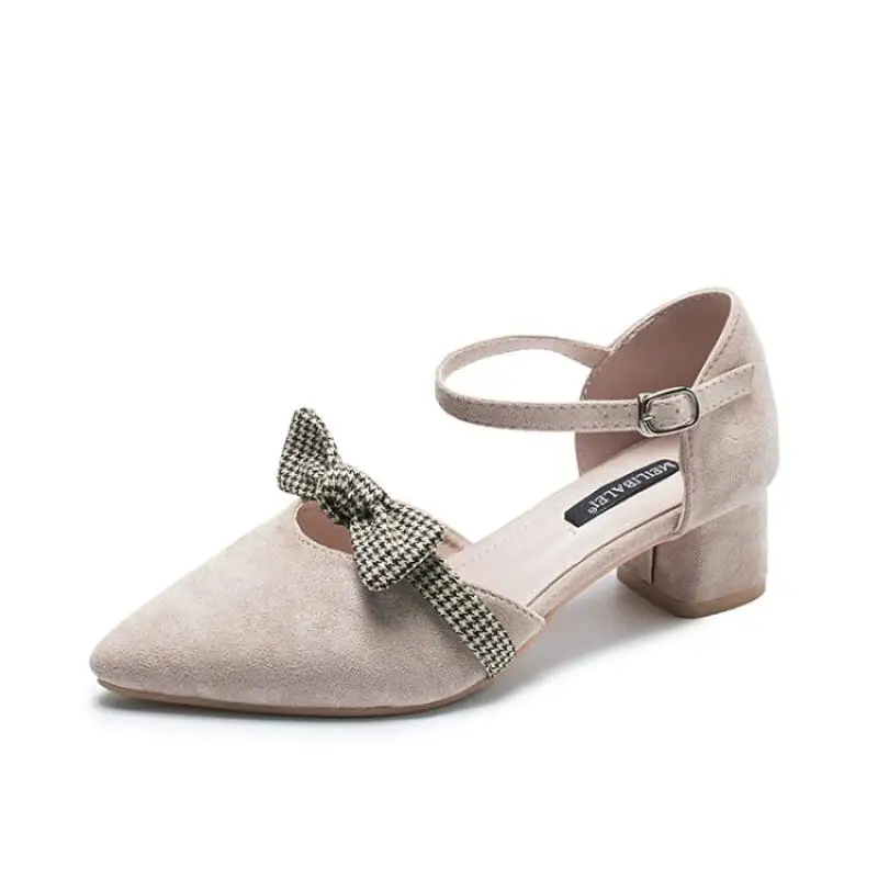 Black Beige Suede Women Sandals Pointed Toe Chunky Heels Gladiators Chic Plaid Bowtie Shoes Woman Cover Mary Janes Cheap | Обувь