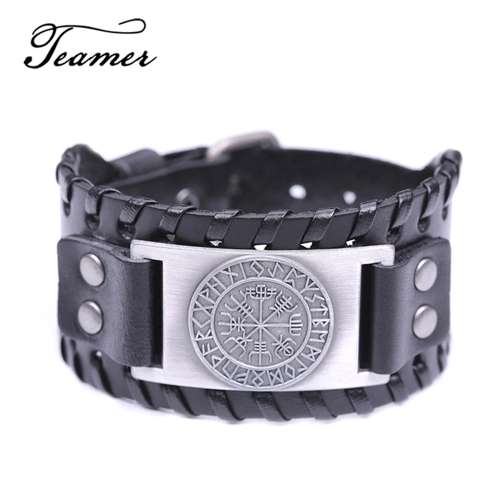 Teamer Wide Leather Bracelets Vintage Nordic Viking Rune Vegvisir Compass Charm Cuff Bracelet Men Women Gift Fashion Jewelry|Браслеты с