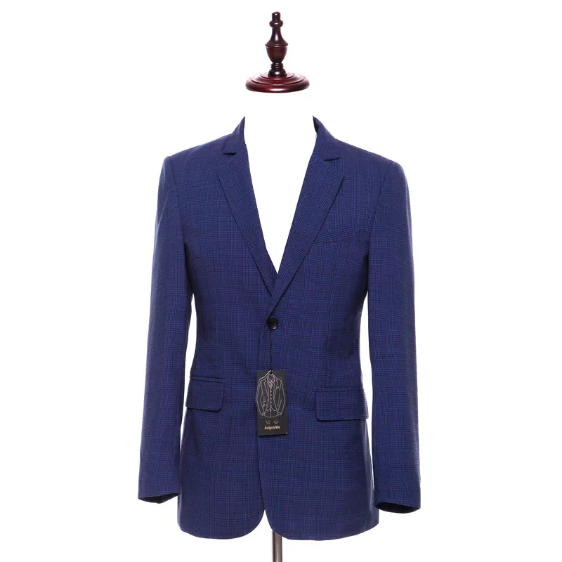 

Mens Casual Jacket Blazers Two Button Blue Plaid Pattern Wool Slim Wedding Tuxedo Business Formal Prom Coat Size Custom
