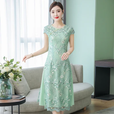 Вышитое этническое кружевное платье cheongsam Aodai для женщин - Цвет: B