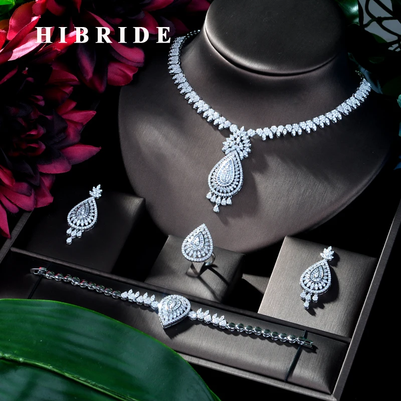 

HIBRIDE Luxury Shinning Pave CZ Dubai Jewelry Sets 2019 Women Wedding Zirconia Copper 4pcs Jewelry Set Geometric Design N-98