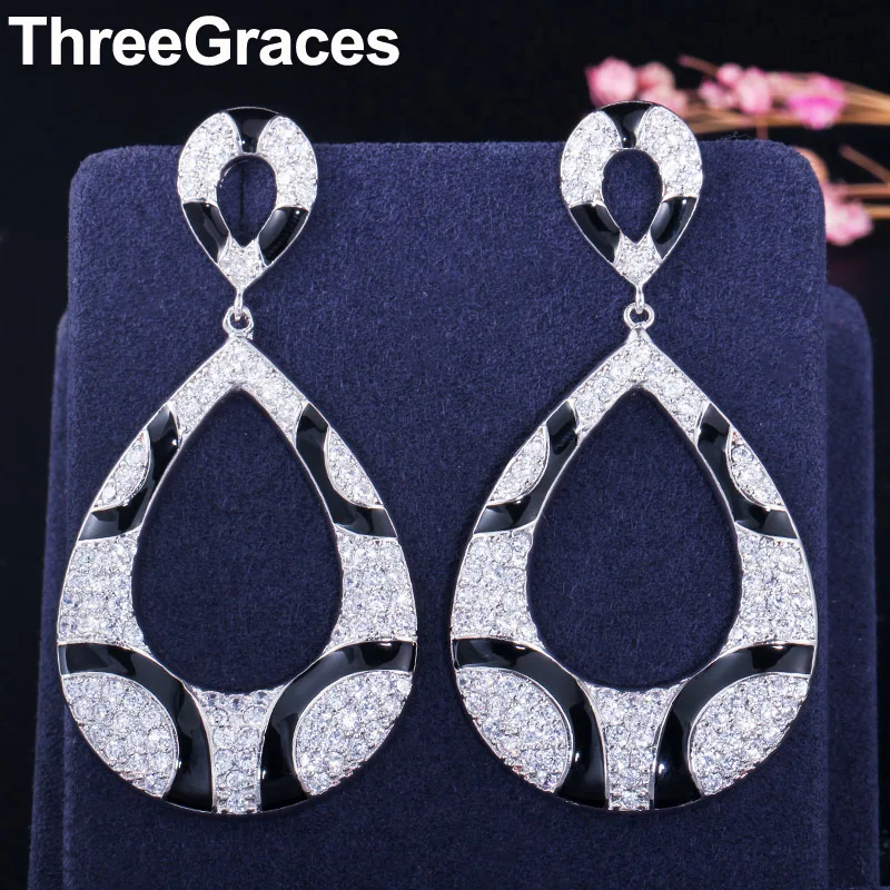 ThreeGraces модный бренд Мирко проложить кубического циркония черной эмалью большой длинные серьги ювелирные изделия для Для женщин ER314
