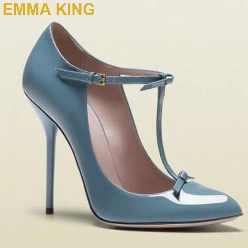 light blue Женские туфли-лодочки на высоком каблуке с острым носком, с ремешком на лодыжке, с Т-образным ремешком, на шпильке, Офисная Женская обувь для вечеринок женские туфли на высоком тонком каблуке из искусственной кожи - Цвет: light blue