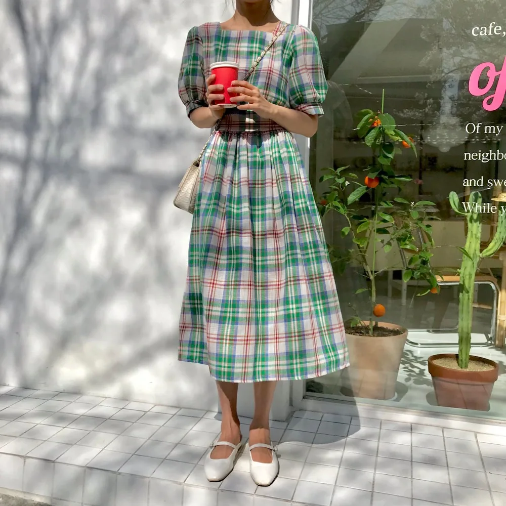 Англия плед пояс-кушак с бантом на талии квадратным воротником платье короткими