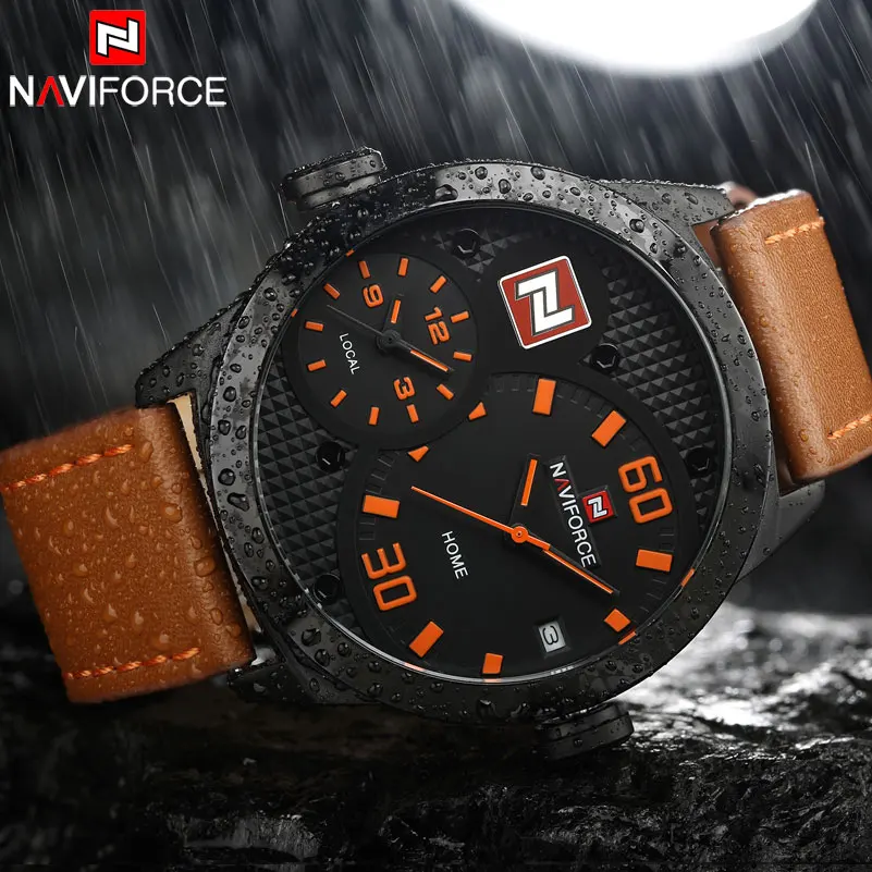 Naviforce Топ Китай бренд Для мужчин спортивные часы Dual Time Повседневные кожаный