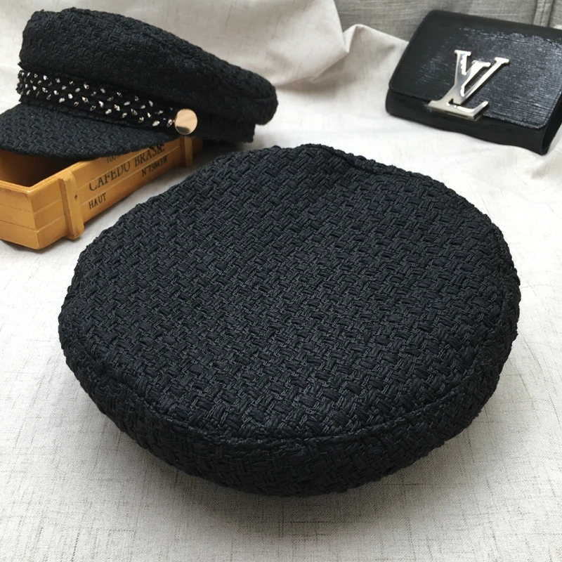 Весенне-осенний период и новый твид черный вязаный головной убор моряка плоская