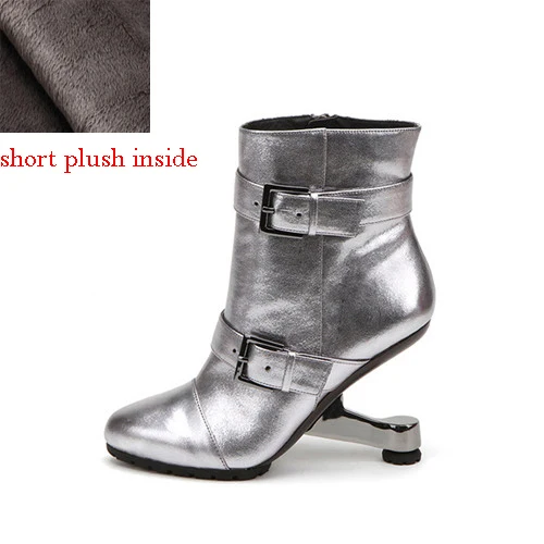 silver short plush Женские брендовые ботинки; цвет черный, серебристый; женские ботильоны на высоком каблуке на молнии; Каблук 9 см; необычный металлический каблук с пряжкой; HL112 muyisxi - Цвет: silver short plush