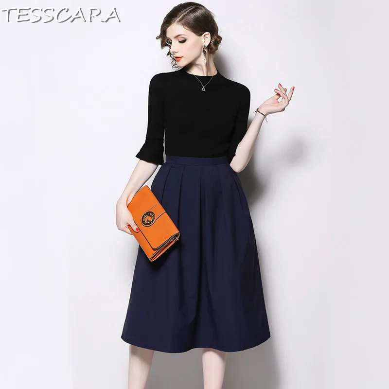 Black TESSCARA, женское весеннее элегантное офисное платье, костюм, комплект, женская мода, роковой стиль, высокое качество, винтажные, дизайнерские, вечерние, Vestidos - Цвет: Black