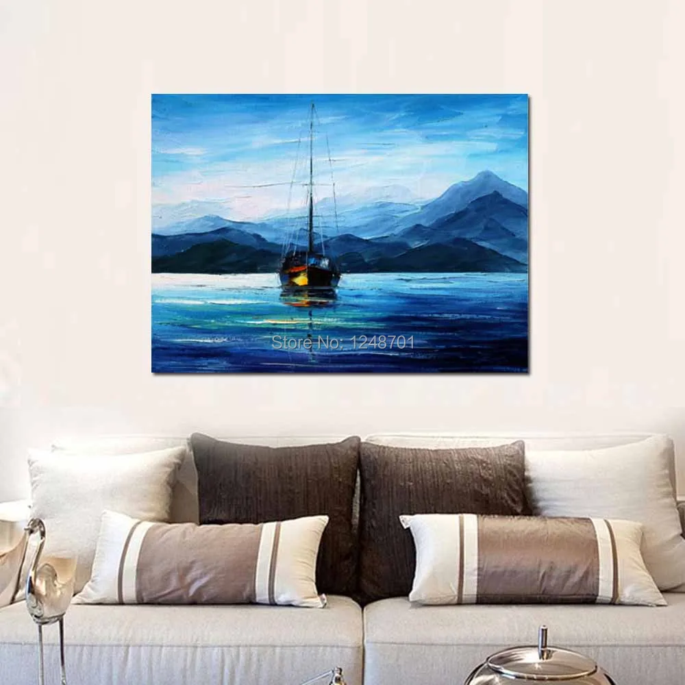 

Hand Painted Abstract Canvas Art Impasto Palette Knife Seascape Oil Painting Sea Boat Wall Picture Living Room Home Wall Decor