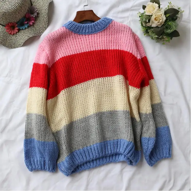 

Autumn High Street Fashion Stripe Splicing Women Pullover Knitted Sweater