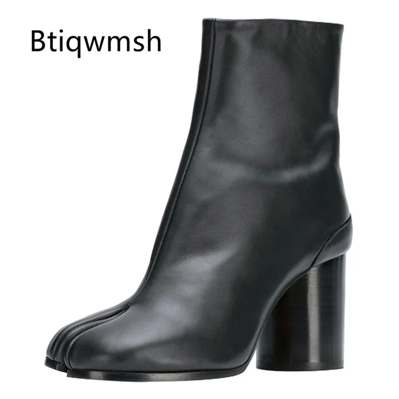 2019 Split Toe Ankle Boots Woman Black Red White Cow Leather Chunky High Heels Fashion Short | Обувь
