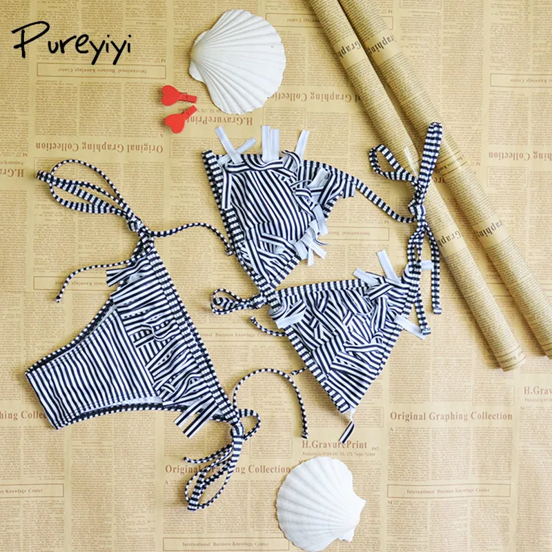 

Pureyiyi Colorful Striped Bikinis Set 2018 New bandage Straps Swimsuit Women Sexy Push Up Swimwear Low Cut Swimsuit Biquinis Mai