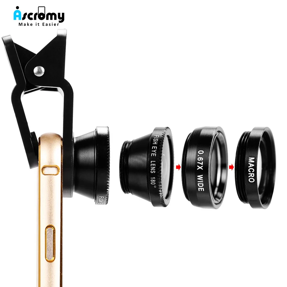 Ascromy 3в1 широкоугольный Макро телефон камера lentes рыбий глаз смартфон объектив наборы для iPhone 7 XR рыбий глаз Lentes объектив на телефон
