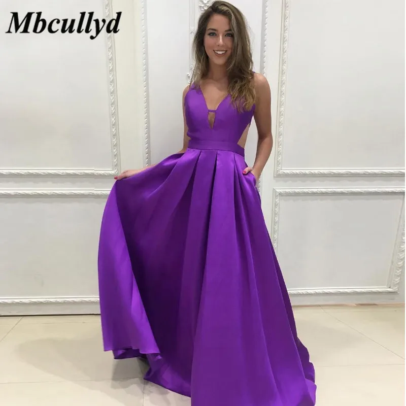 

Длинные фиолетовые платья подружки невесты Mbcullyd 2019, сексуальное женское свадебное платье с V-образным вырезом и карманами, вечернее платье ...