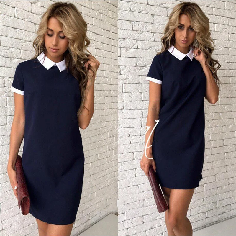 Women New 2018 white collar Stitching Pink gray Straight dress Autumn Fashion Short sleeve Slim fit Bottoming Mini dresses | Женская