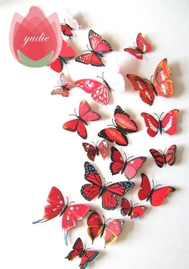 3D Red 12 шт. DIY Реалистичные 3D многоцветные бабочки на магните на холодильник, магнитные наклейки на стену для детской комнаты, кухни, украшения для дома, Бесплатный клей - Цвет: 3D Red