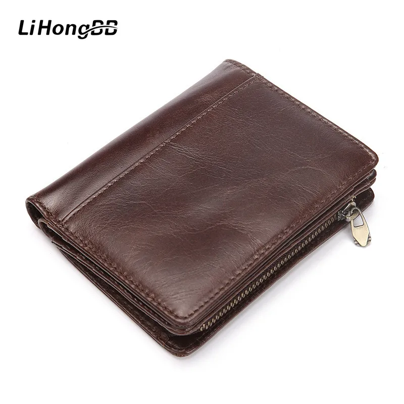 

Casual Genuine Cowhide Leather Men Wallet Short Coin Purse Small Vintage Design Wallet Zipper Bifold Wallet Card Photo Holder